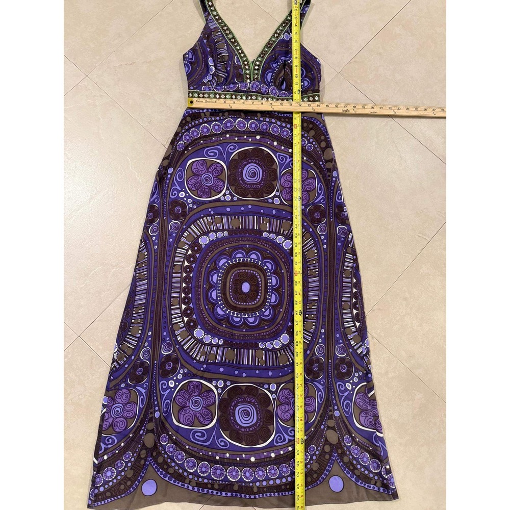 ITW by Claude Brown Purple Geometric Boho Maxi Dress Studded V-Neck Size 6 - Picture 5 of 7
